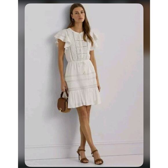 New Lauren Ralph Lauren Women's White Lace Trim Flutter Sleeve  Dress Size XXL - Picture 1 of 14